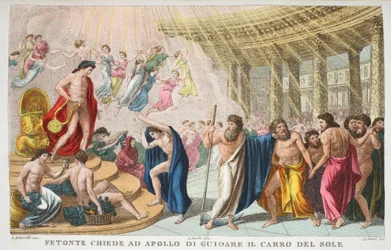 Der Palast der Sonne oder Fetonte bittet Apollo, den Sonnenwagen zu lenken, Buch II, Illustration aus Ovids Metamorphosen, Florenz, 1832